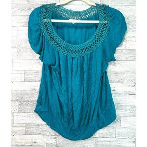 Robins Nest Maternity Top Women's Large Teal High-Low Top Crochet‎ Neckline